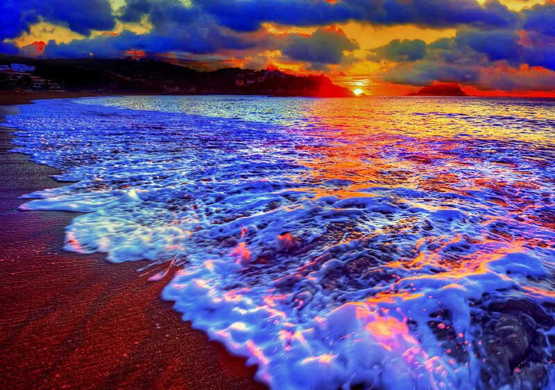 Ocean Waves at Sunset — Blue, Dramatic, Photograph, Beach, Clouds