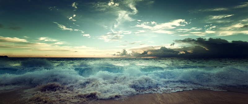 Ocean Waves at Sunset — Blue, Dramatic, Photograph, Beach, Sky, Clouds