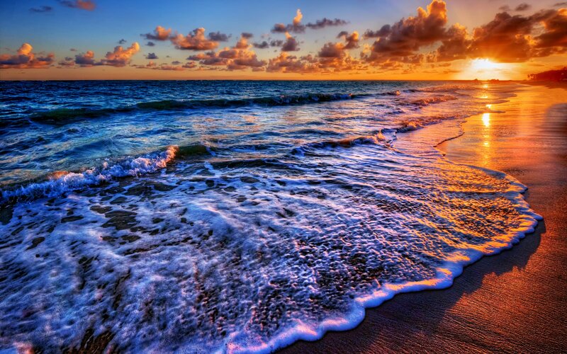 Ocean Waves at Sunset — Blue, Dramatic, Photograph, Beach, Sky, Sun