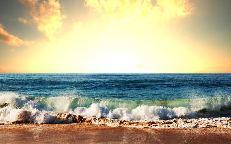 Ocean Waves at Sunset — Blue, Dramatic, Photograph, Beach, Sky