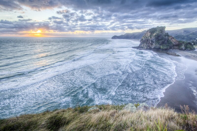 Ocean Waves at Sunset — Blue, Dramatic, Photograph, Cliff