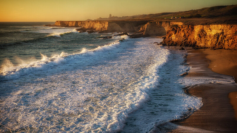 Ocean Waves at Sunset — Blue, Dramatic, Photograph, Cliffs, Beach