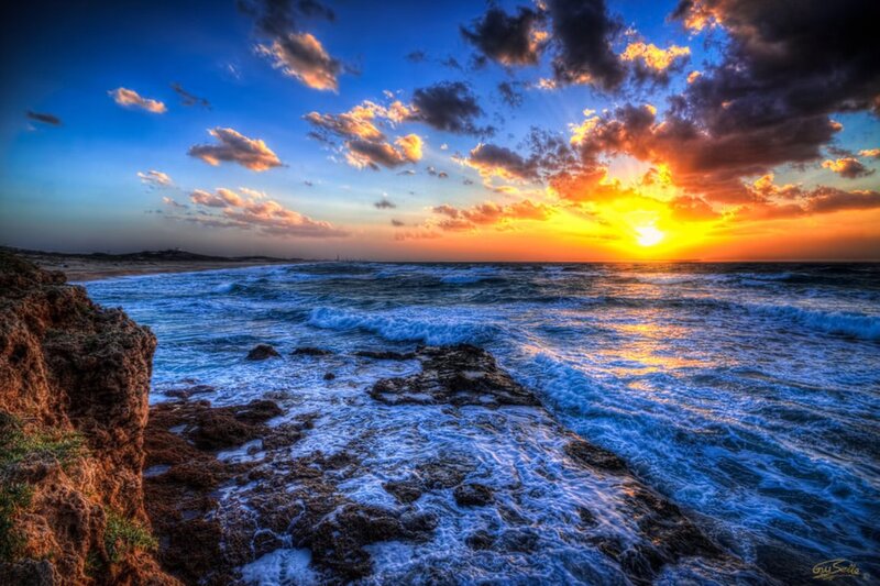 Ocean Waves at Sunset — Blue, Dramatic, Photograph, Cliffs