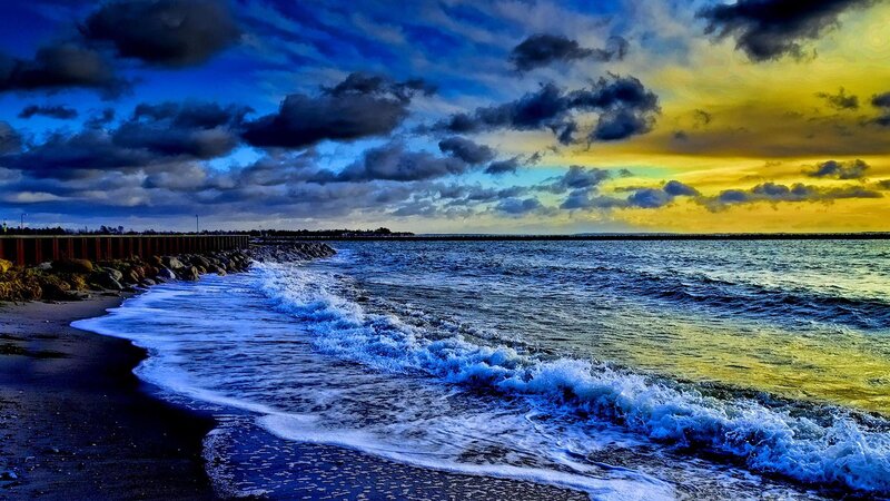 Ocean Waves at Sunset — Blue, Dramatic, Photograph, Clouds, Beach, Pier