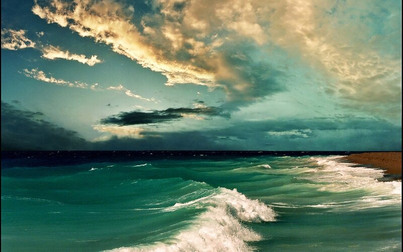 Ocean Waves at Sunset — Blue, Dramatic, Photograph, Clouds, Beach, Sky