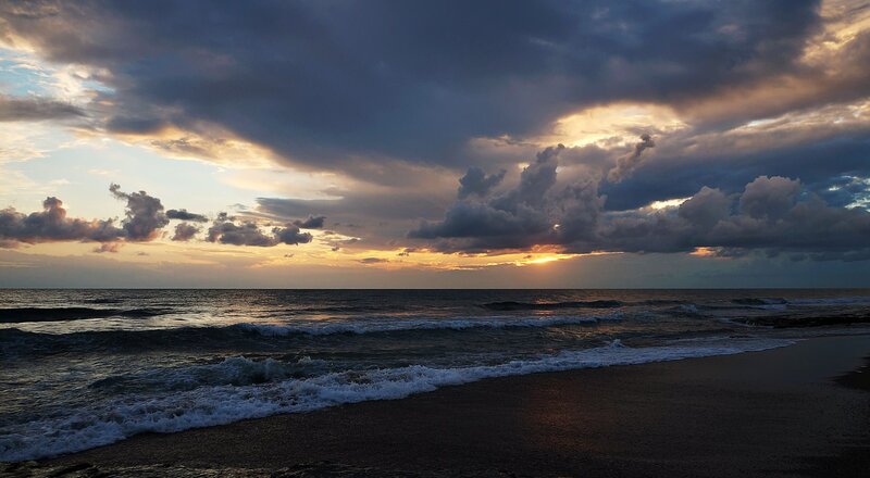Ocean Waves at Sunset — Blue, Dramatic, Photograph, Clouds, Beach, Sun