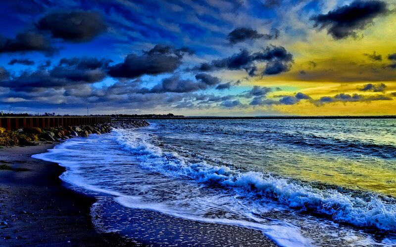 Ocean Waves at Sunset — Blue, Dramatic, Photograph, Clouds, Beach