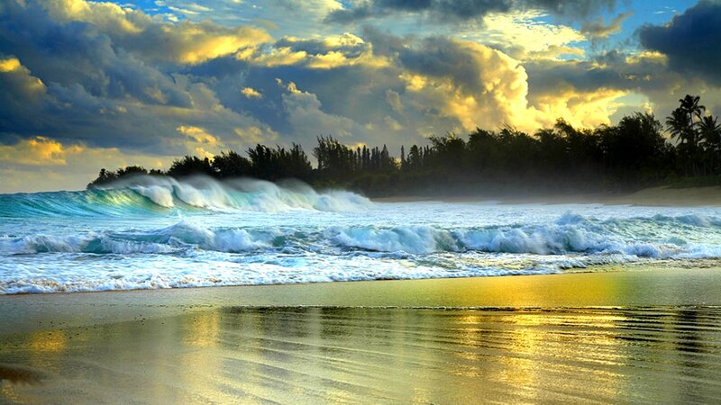 Ocean Waves at Sunset — Blue, Dramatic, Photograph, Clouds, Beach, Trees