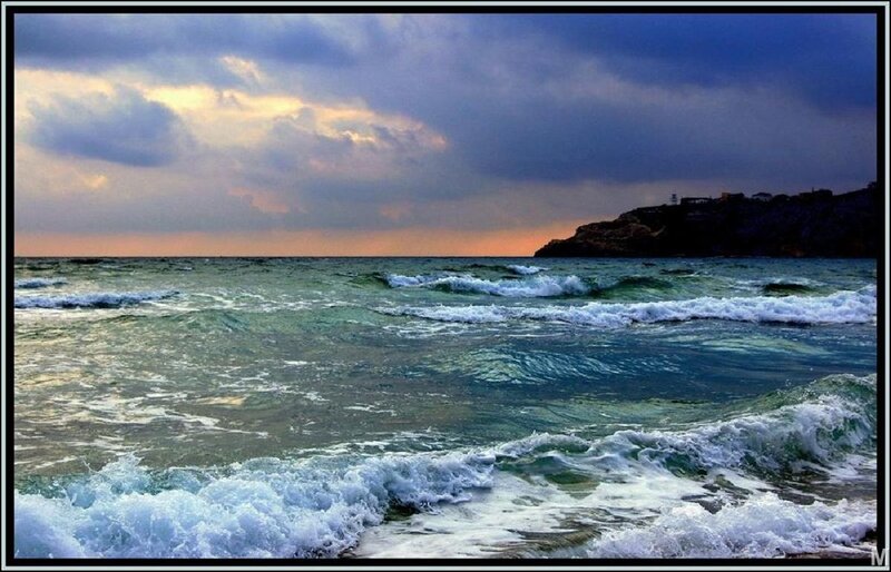 Ocean Waves at Sunset — Blue, Dramatic, Photograph, Clouds, Cliff