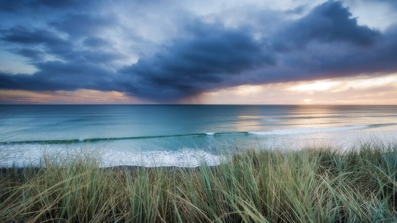 Ocean Waves at Sunset — Blue, Dramatic, Photograph, Clouds, Grass