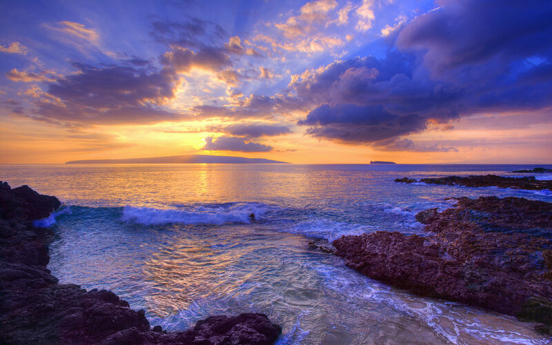 Ocean Waves at Sunset — Blue, Dramatic, Photograph, Clouds, Island