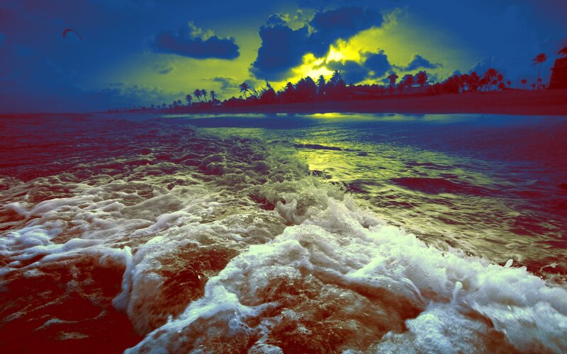 Ocean Waves at Sunset — Blue, Dramatic, Photograph, Clouds, Palm Trees