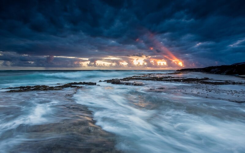 Ocean Waves at Sunset — Blue, Dramatic, Photograph, Clouds, Rocks, Beach
