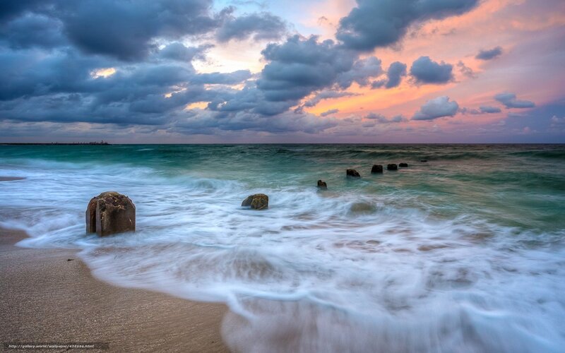 Ocean Waves at Sunset — Blue, Dramatic, Photograph, Clouds, Rocks, Sand