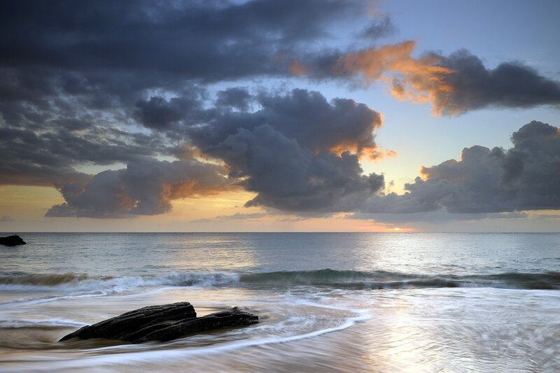 Ocean Waves at Sunset — Blue, Dramatic, Photograph, Clouds, Rocks, Sea, Orange, Gray