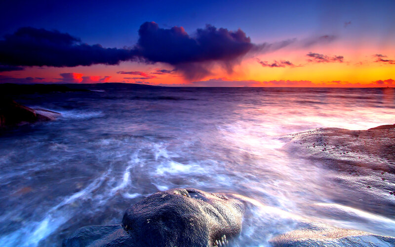 Ocean Waves at Sunset — Blue, Dramatic, Photograph, Clouds, Rocks, Sea