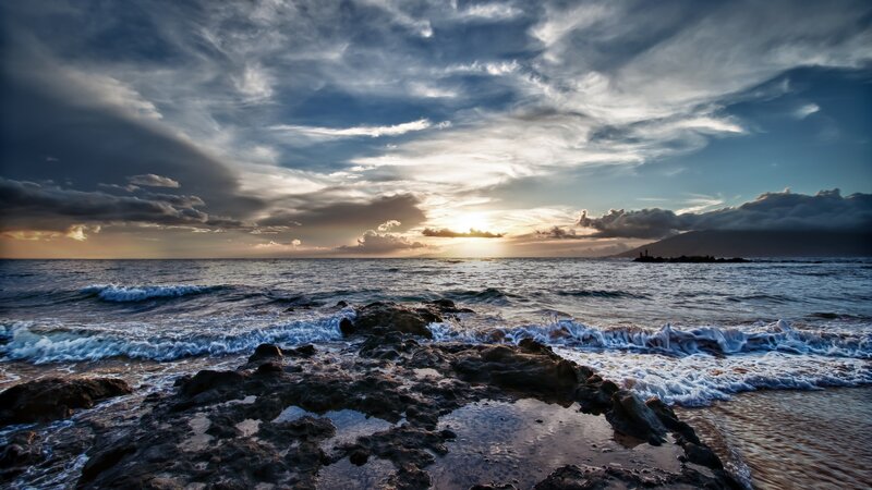 Ocean Waves at Sunset — Blue, Dramatic, Photograph, Clouds, Rocks, Sun, Gray, Orange