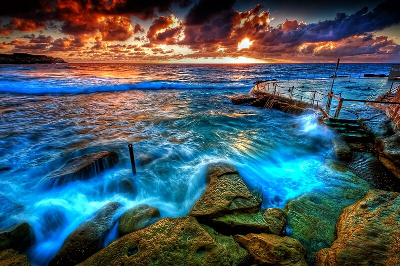 Ocean Waves at Sunset — Blue, Dramatic, Photograph, Clouds, Rocks