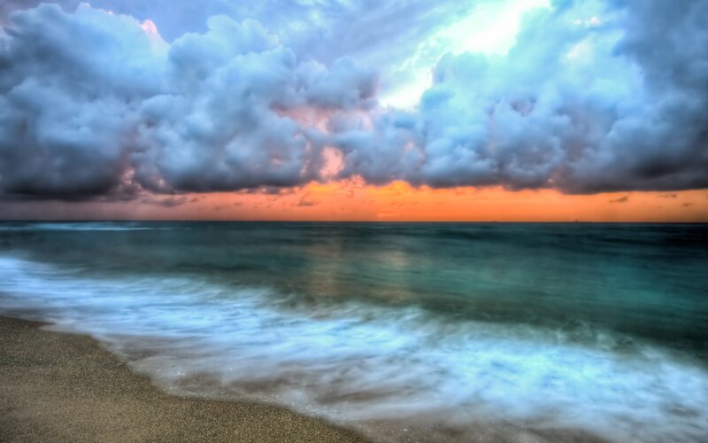 Ocean Waves at Sunset — Blue, Dramatic, Photograph, Clouds, Sand, Horizon