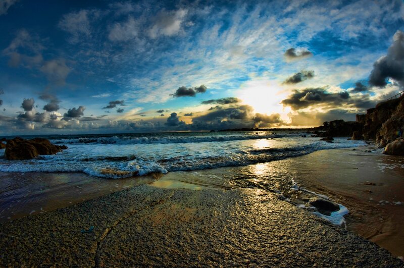 Ocean Waves at Sunset — Blue, Dramatic, Photograph, Clouds, Sand, Rocks