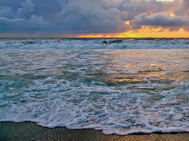 Ocean Waves at Sunset — Blue, Dramatic, Photograph, Clouds, Sea Foam
