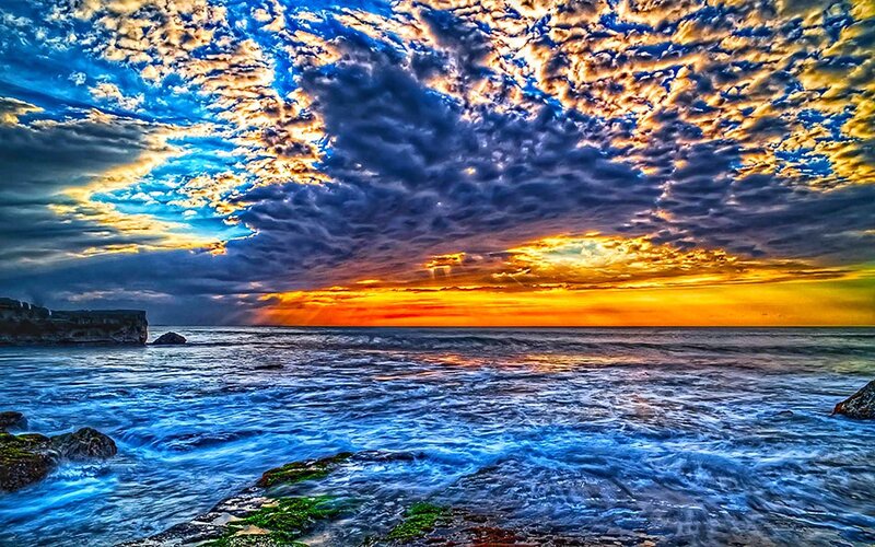 Ocean Waves at Sunset — Blue, Dramatic, Photograph, Clouds, Sea, Rocks, Orange