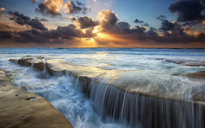 Ocean Waves at Sunset — Blue, Dramatic, Photograph, Clouds, Sea, Rocks