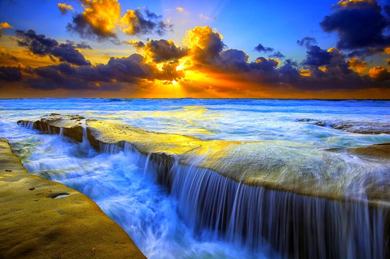 Ocean Waves at Sunset — Blue, Dramatic, Photograph, Clouds, Sea