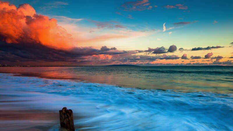 Ocean Waves at Sunset — Blue, Dramatic, Photograph, Clouds, Sea, Wooden Post