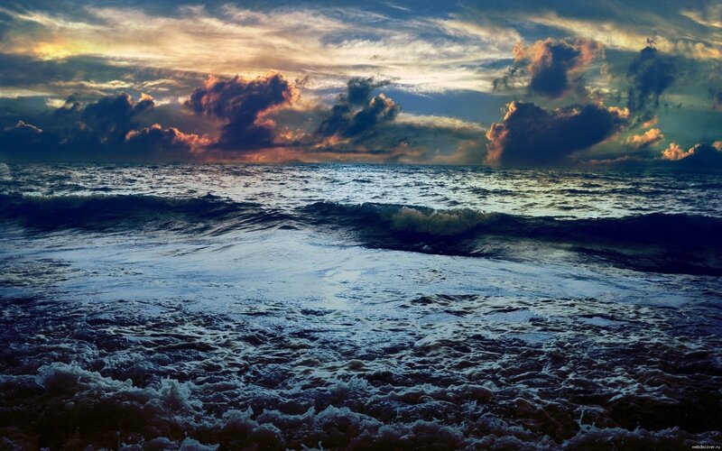 Ocean Waves at Sunset — Blue, Dramatic, Photograph, Clouds, Sky, Sea