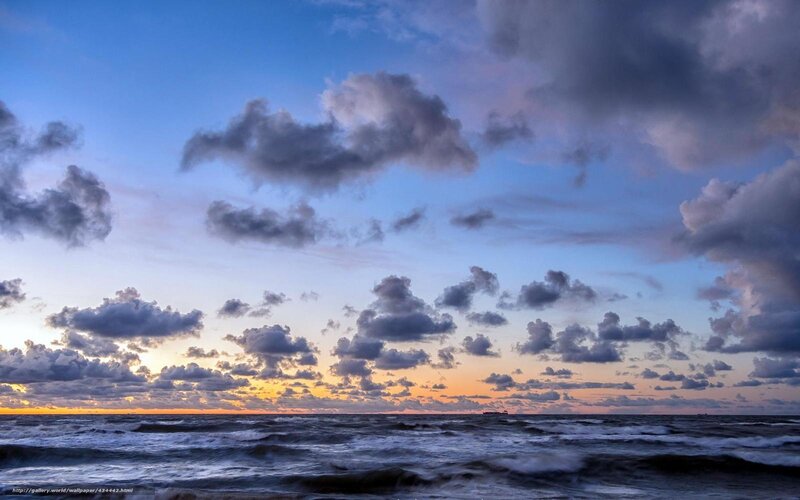 Ocean Waves at Sunset — Blue, Dramatic, Photograph, Clouds, Sky, Ship