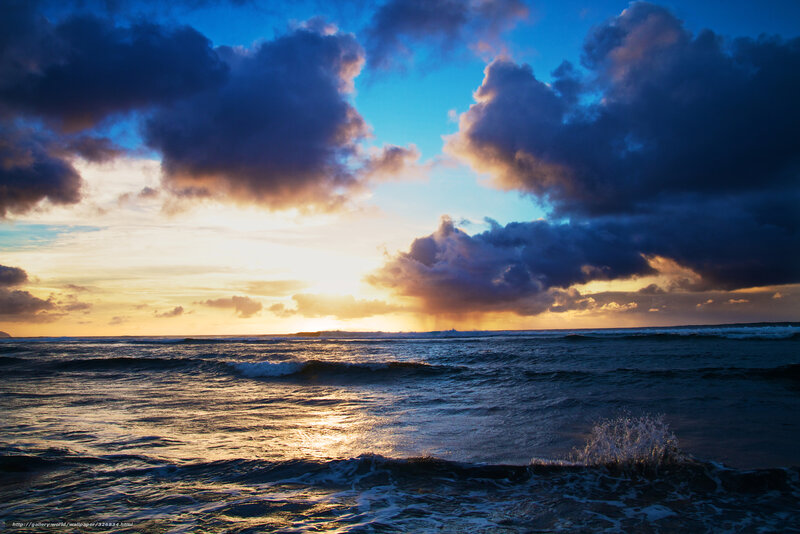 Ocean Waves at Sunset — Blue, Dramatic, Photograph, Clouds, Sun, Sea