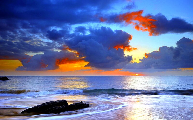 Ocean Waves at Sunset — Blue, Dramatic, Photograph, Clouds, Sun