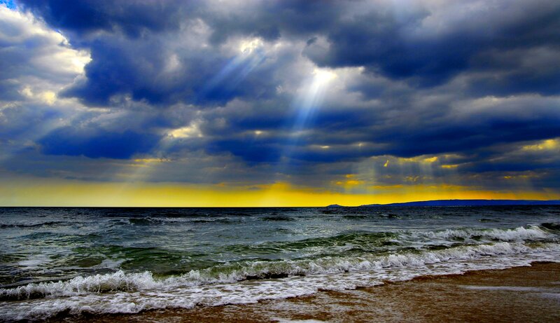 Ocean Waves at Sunset — Blue, Dramatic, Photograph, Clouds, Sunlight, Beach
