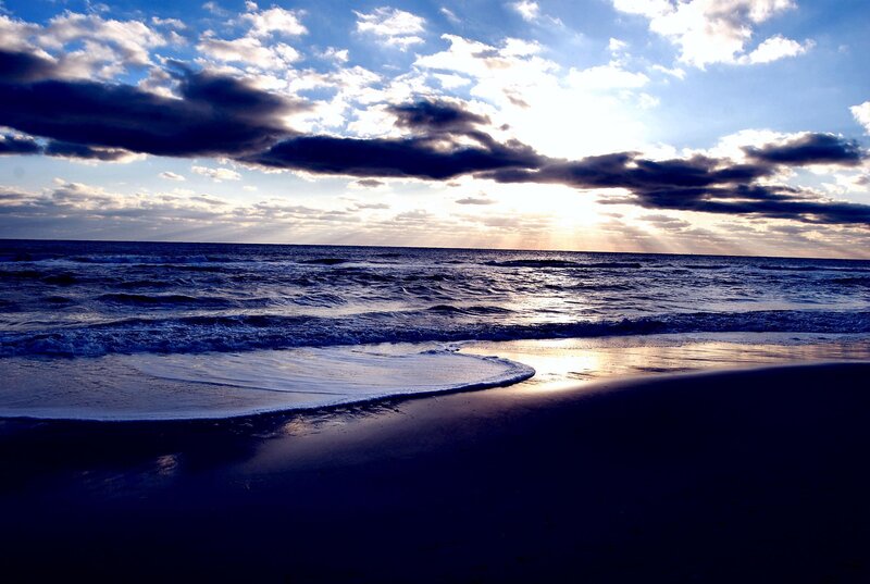 Ocean Waves at Sunset — Blue, Dramatic, Photograph, Clouds, Sunlight, Beach, White
