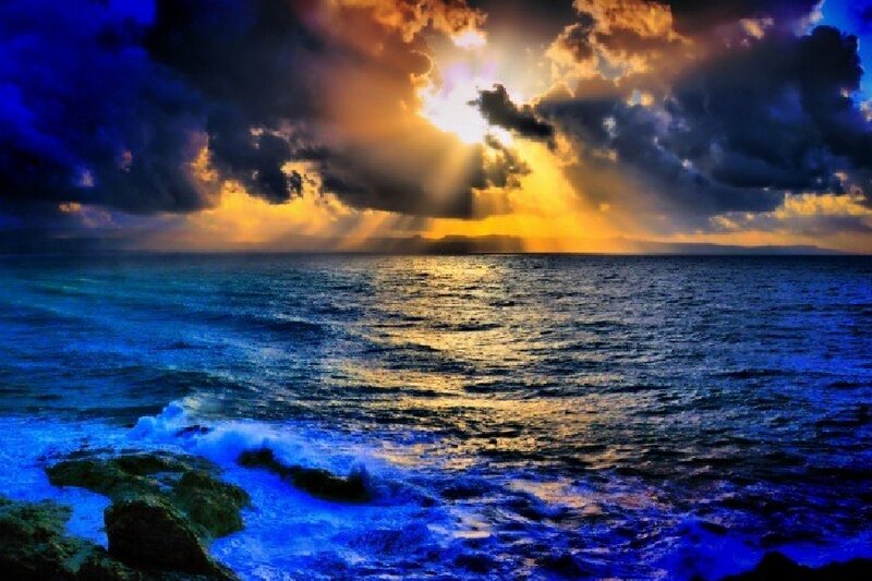 Ocean Waves at Sunset — Blue, Dramatic, Photograph, Clouds, Sunlight