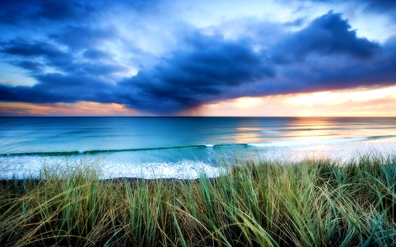 Ocean Waves at Sunset — Blue, Dramatic, Photograph, Grass
