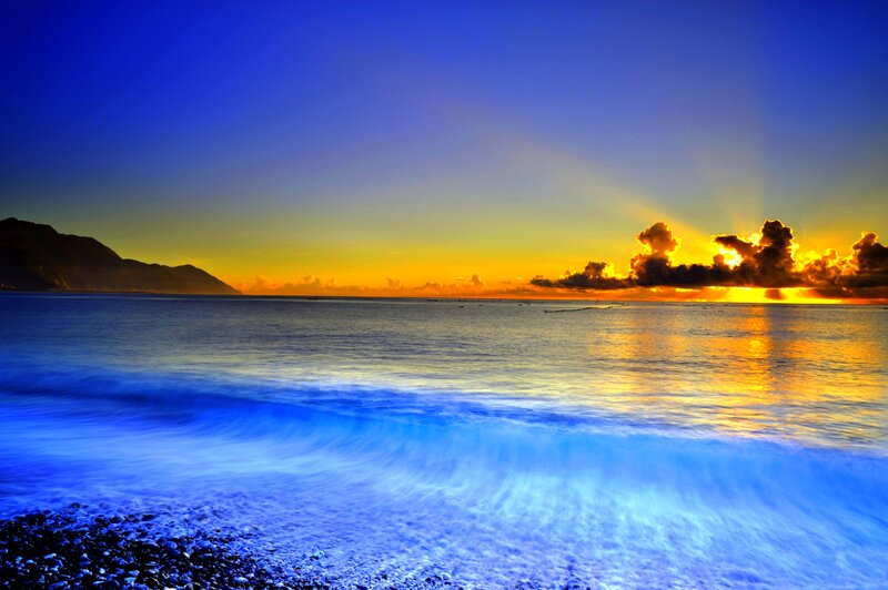 Ocean Waves at Sunset — Blue, Dramatic, Photograph, Mountain