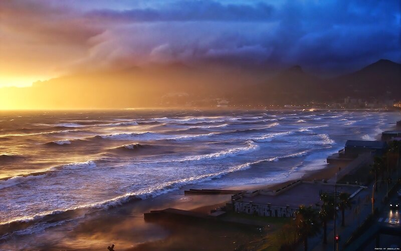 Ocean Waves at Sunset — Blue, Dramatic, Photograph, Mountains, Beach