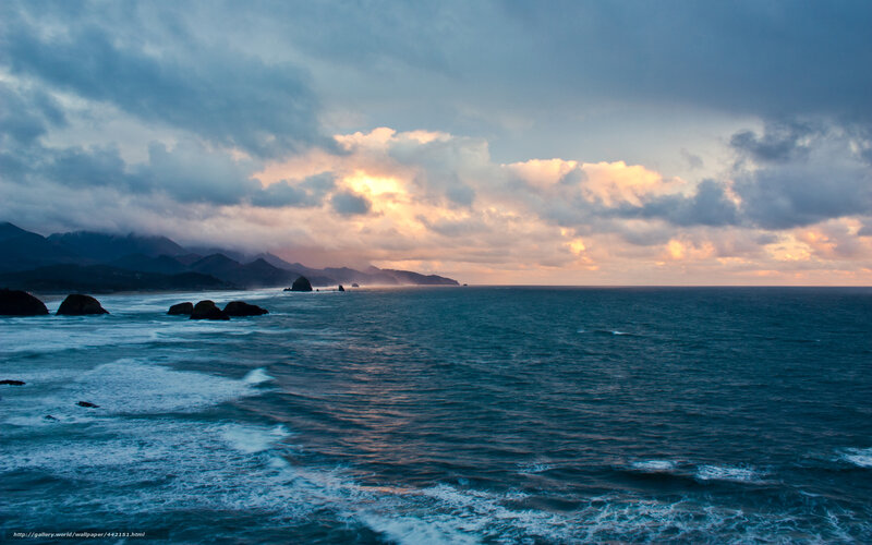 Ocean Waves at Sunset — Blue, Dramatic, Photograph, Mountains, Clouds, Rocks