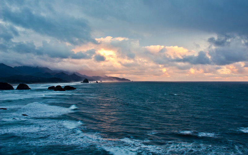 Ocean Waves at Sunset — Blue, Dramatic, Photograph, Mountains, Rocks