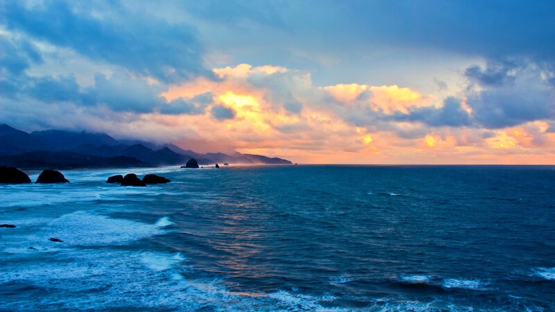 Ocean Waves at Sunset — Blue, Dramatic, Photograph, Mountains