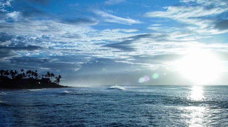 Ocean Waves at Sunset — Blue, Dramatic, Photograph, Palm Trees, Clouds