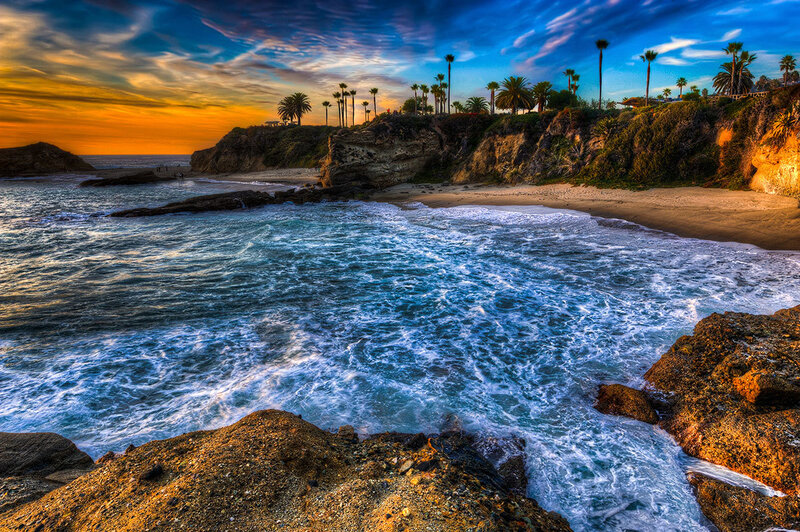 Ocean Waves at Sunset — Blue, Dramatic, Photograph, Palm Trees