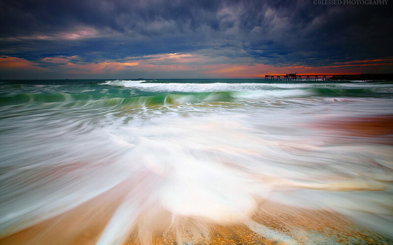 Ocean Waves at Sunset — Blue, Dramatic, Photograph, Pier