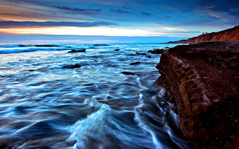 Ocean Waves at Sunset — Blue, Dramatic, Photograph, Rocks, Cliff