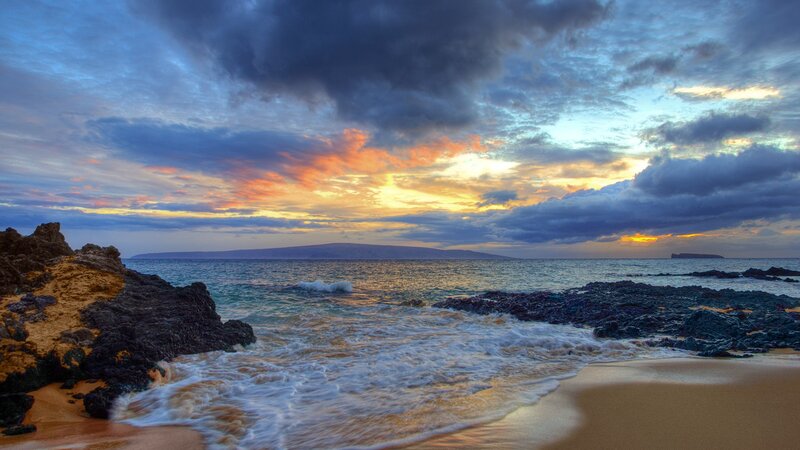 Ocean Waves at Sunset — Blue, Dramatic, Photograph, Rocks, Clouds, Island