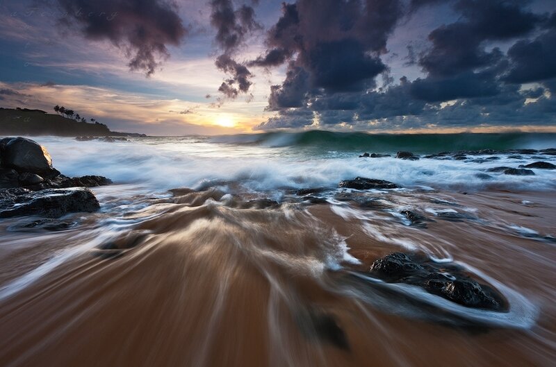 Ocean Waves at Sunset — Blue, Dramatic, Photograph, Rocks, Clouds, Sand, Sun