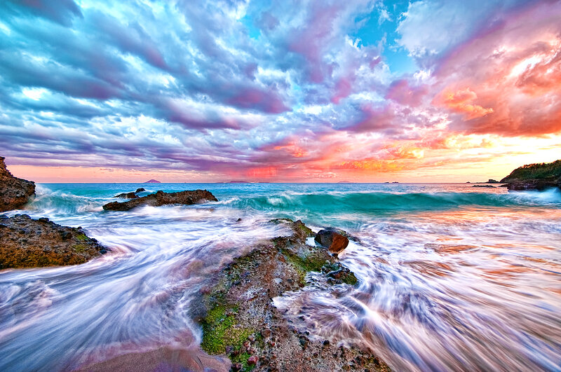 Ocean Waves at Sunset — Blue, Dramatic, Photograph, Rocks, Clouds, Sea, Island
