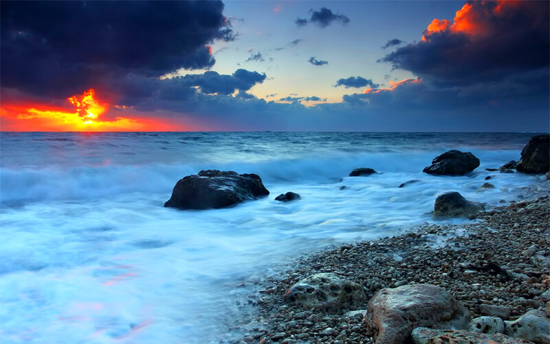 Ocean Waves at Sunset — Blue, Dramatic, Photograph, Rocks, Clouds, Sea, Pebbles
